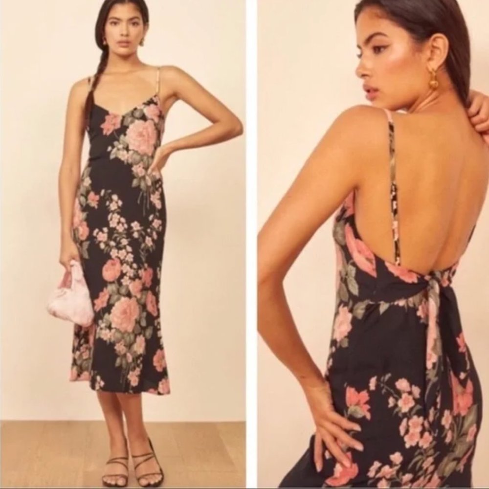 Reformation Nella Louise Black Floral Midi Dress
